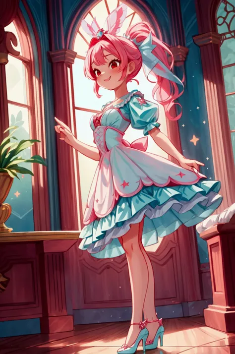 (masterpiece, best quality) standing, indoor, intricate detail, sunlight, white and aqua blue frill dress, red high heel shoes, pink hair with a high ponytail, red eyes, cute stars diadema, smiley and sexy expression, sexy pose, coquette, gorgeous legs, ma...