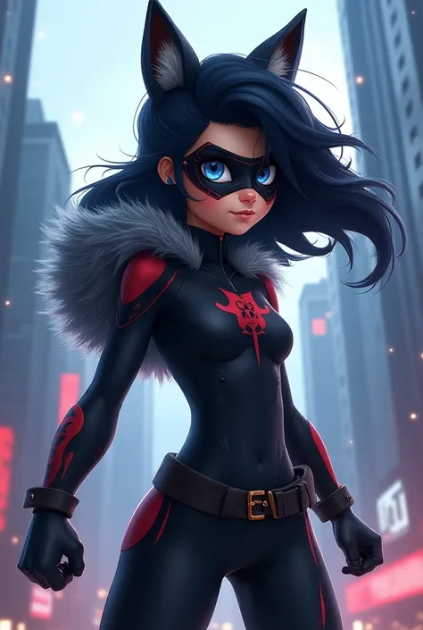 black hair girl with blue eyes wearing a superhero customer mix with wolf design, make it look like miraculous ladybug superhero