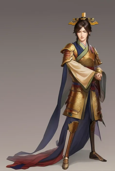 masterpiece, best quality, romance of the three kingdoms, realistic, game cg, watercolor (medium), 1boy, simple background, noble_clothes, Oriental, detailed hair, detailed brown eyes, detailed clothes, armor, full body, short hair, jiang wei