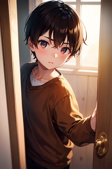 a young boy in brown wear, open door to another dimension, detailed eyes and face, cinematic lighting, natural lighting, high quality, detailed, 8k resolution, masterpiece