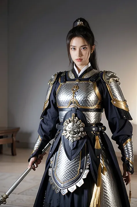 Game Art，Best picture quality， Highest resolution ，8K，()，(portrait)，(Close-up head)，(Rule of Thirds)， Unreal Engine 5 rendering ， (Future Girl)，(Female Warrior)， 
20-year-old girl，(Ancient Chinese generals)， Detailed Eyes ，( big breasts )，Elegant and noble...