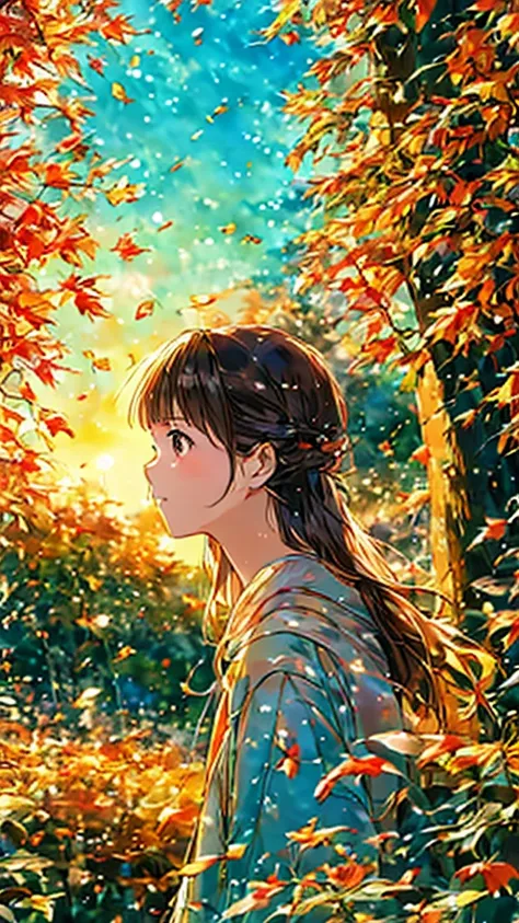 autumn, autumn leaves, Sunset scenery,  imaginary,  girl, 夕日に重なる,  lonely expression that overlaps with the sunset, Stand