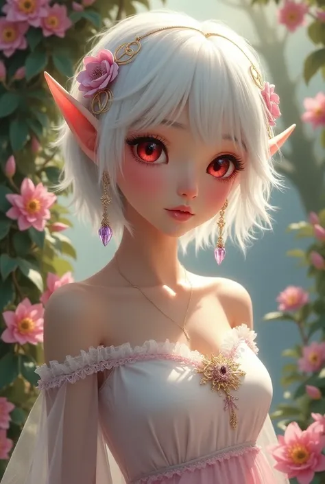 ((detailed)), ((masterpiece)), ((colorfull)), 1girl, elf, beautiful, beautiful eyes, red eyes, glitter, white hair with a hint of pink, short hair, hairpin, hair ornament, elf ears, slightly pink ears, fox fur earrings, purple earrings, sweet smile, pink l...