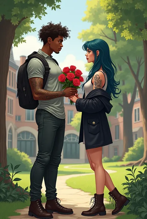  In an illustrated fantasy style ,  in a campus setting , create the following scene :  there is a handsome black boy with an athletic physique , brown skin,  cute curled curls ,  green eyes and tattoos wearing a casual British university outfit .  He is k...