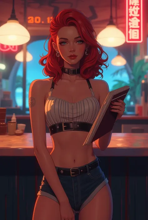 ne0nfant4sy, masterpiece, stunningly beautiful girl,  50s waitress, redhead, pinup, cinched waist , shorts, carrying the menu,  ...