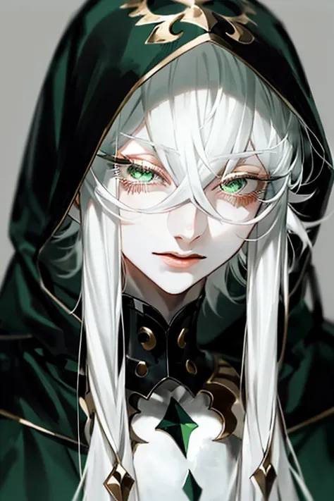 au (d elete), asclepius (fate), 1boy, close-up, eyelashes, green eyes, hair between eyes, hood, light, long hair, looking at viewer, male focus, pale skin, portrait, solo, white hair, ((masterpiece))   