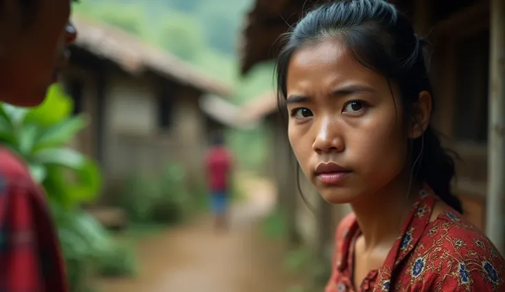  Some girl in a village is gossiping, with a serious look on her face ,  realistic photo of Indonesians  