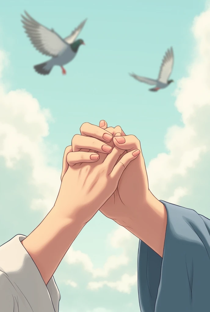 two hands holding each other,  anime, putting on a shirt, sky background with a few pigeons, highlighting the two clasped hands