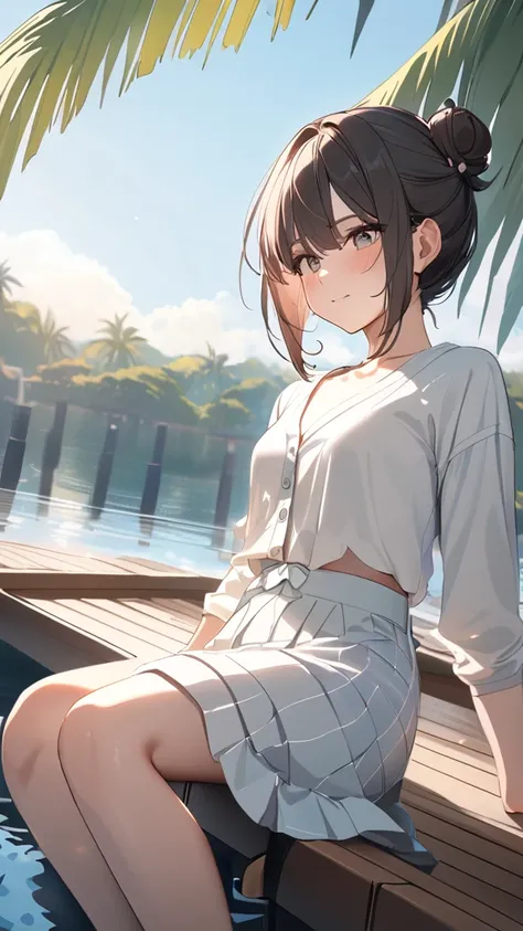 1 girl, ( cute face),  medium hair,  bun hair,  cardigans, Wrap Around skirt, Small breasts,  calm smile , 思索的な姿勢  
break, Soft Light, ( Soft Light :1.2),  gentle tone ,  quiet atmosphere,  
break,  sitting on the pier , Sky reflected on the surface of the...