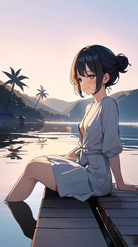 1 girl, ( cute face),  medium hair,  bun hair,  cardigans, Wrap Around skirt, Small breasts,  calm smile , 思索的な姿勢  
break, Soft Light, ( Soft Light :1.2),  gentle tone ,  quiet atmosphere,  
break,  sitting on the pier , Sky reflected on the surface of the...