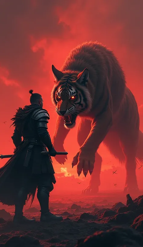 "Show a menacing scene where a powerful warrior and a terrifying tiger-wolf hybrid are positioned separately but intensely focused on each other from a distance. The warrior stands firm with a battle-worn stance, gripping his weapon, his armor marked by sc...