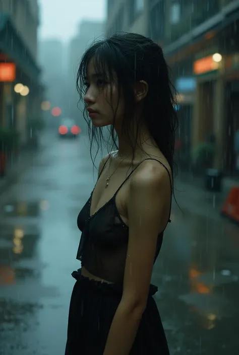 A girl wearing very very wet clothes 