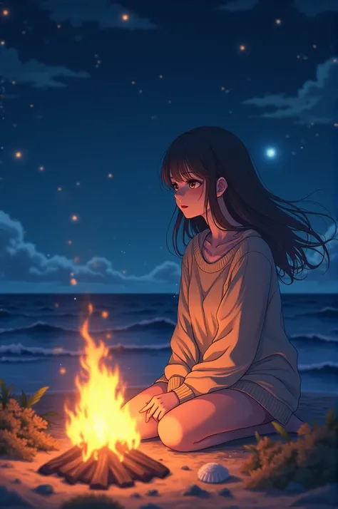 Anime girl in nightime beach with campfire 