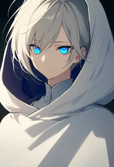 1 person, masterpiece, Best Quality, Beauty, Expressionless, I dont know the gender,  platinum blonde ,  asymmetrical hairstyle , Vertical pupils, Light blue eyes,  hooded cloak ,  black background