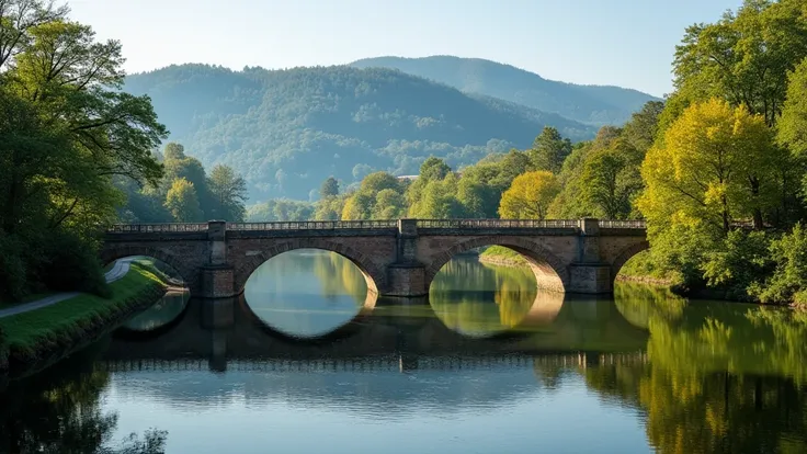 A scenic view of a stone bridge spanning the Pegnitz river near the city of Nuremberg, Germany