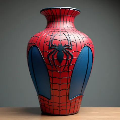 Create a 3D image, on a table, of a vase made of spiderman, the vases body is huge and completely covered in spidermans iconic dress, composed of materials,