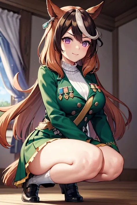 symboli rudolf,One person、girl、Horse tail、purple eyes、best quality,large breasts,Green coat, green military jacket,  green skirt, red cloak,White gloves, black tights,golden epaulettes ,Medals, gem,Button closure, full body,seductive smile,Perfect hands、sp...