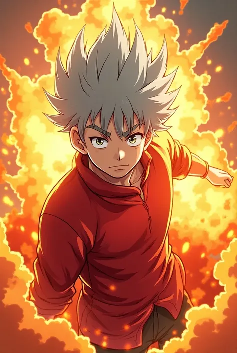      A 20-year-old boy with gray hair   , Color clothing red   ,    And an elementary anime-style explosion 