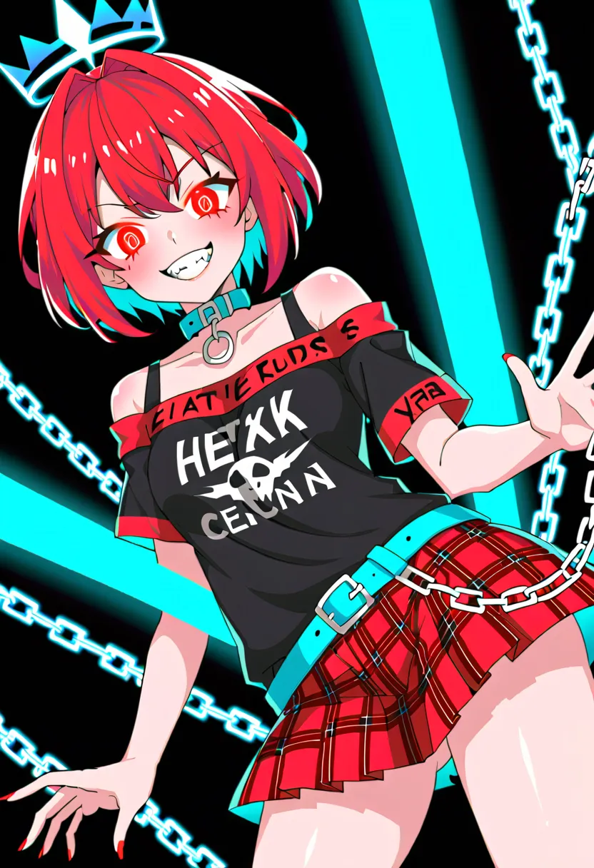 1girl, hecatia lapislazuli, 1girl, polos crown, red hair, short hair, red eyes, glowing eyes, chain, collar, off shoulder shirt,...