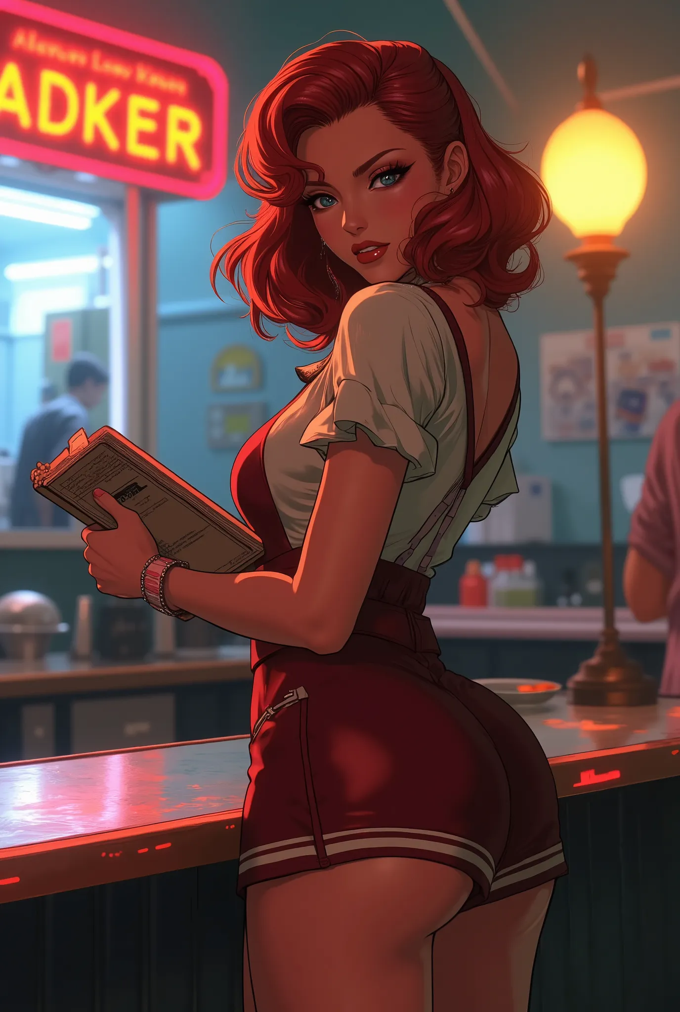 ne0nfant4sy, masterpiece, stunningly beautiful girl,  50s waitress, redhead, pinup, cinched waist , shorts, carrying the menu,  ...