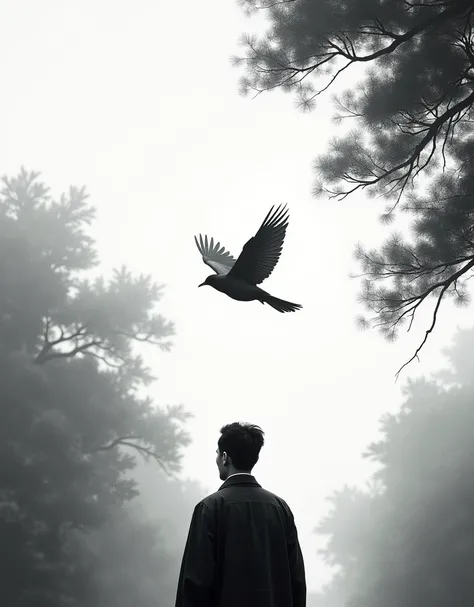  Back view of a man watching a magpie fly in the Chinese Spring and Autumn Warring States Period , Chestnut forest ,  The upper body of a man watching a magpie fly, Monochromatic, Black and white, Non-detailed expressions, People are represented only by bl...