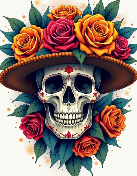 a close up of a skull wearing a hat with roses, colored illustration for tattoo, highly detailed and colored, richly detailed colored, ( ( dia de los muertos ) ), inked and colored, calavera, traditional tattoo, neotraditional tattoos, high quality colored...