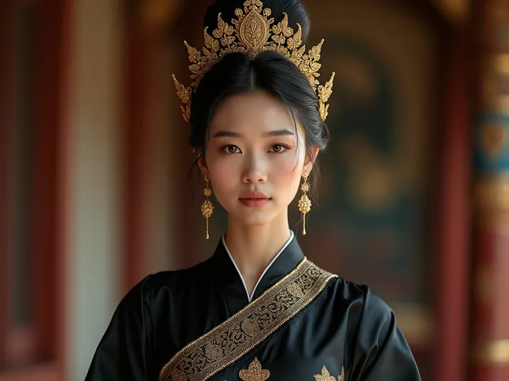 a woman in a black dress and a crown on her head., traditional beauty, Sukhothai dress, Dilraba Dilmurat, beautiful goddess, Beautiful Fantasy Empress, beautiful oriental woman, Thai girl anime, Southeast Asia that has existed for a long time, Thai art, We...