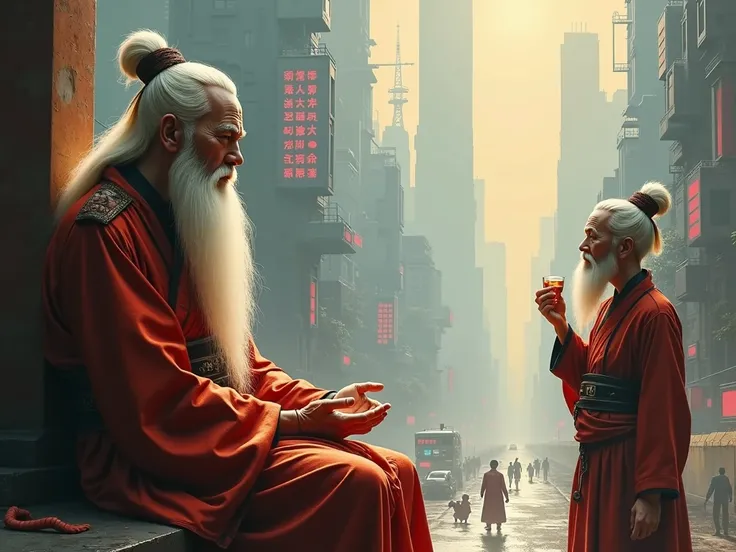  The white-bearded ancient Chinese master on the left side of the picture，Right of the picture，Master and drink with a glass ，The background is a cyberpunk city，Warm colors