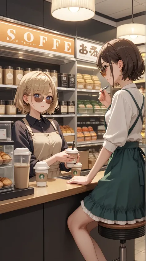  sitting on a coffee shop counter chair 、1 person、２０Generation of women、 has short blond hair and a one-curl hairstyle wrapped inside、Wearing brown sunglasses 、 there is coffee at the counter 、 wearing a cream-colored ruffled dress 、 The inside of the stor...