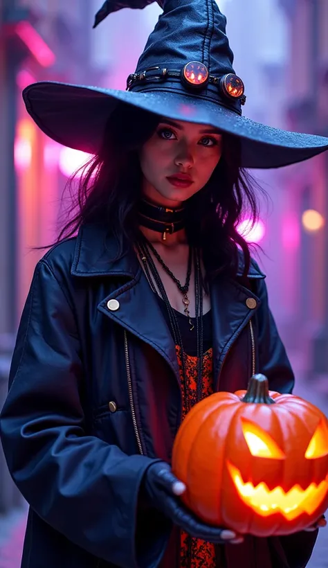 a cyberpunk cyborg girl,(1woman),jack-o-lantern,witch,halloween decorations,transparent purple overlay,photorealistic,8k,highly detailed,masterpiece,(best quality,4k,8k,highres,masterpiece:1.2),ultra-detailed,(realistic,photorealistic,photo-realistic:1.37)...