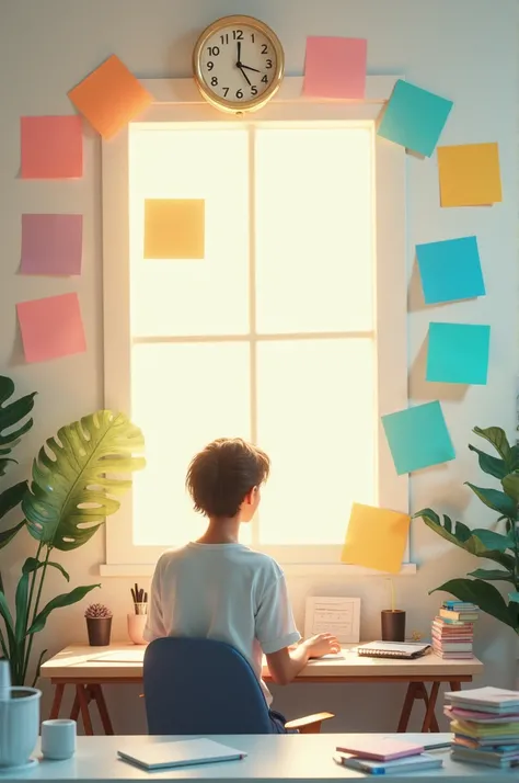 A person calmly working at a desk while surrounded by colorful sticky notes or clocks.