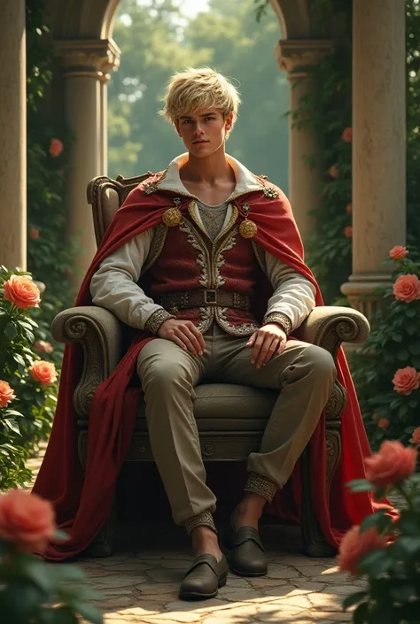 A young man with short blonde hair wearing a royal costume in a fantasy style sits on a stone chair inside a palace garden, showing the back of two curved pillars and some roses