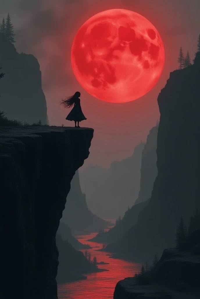  An elongated stone cliff in the distance , a river flows along the cliff ,  on the cliff you can see the black silhouette of a girl with developing hair, black and white image.  A bloody red big moon in the center of the composition , 8k, ultra Realistic,...