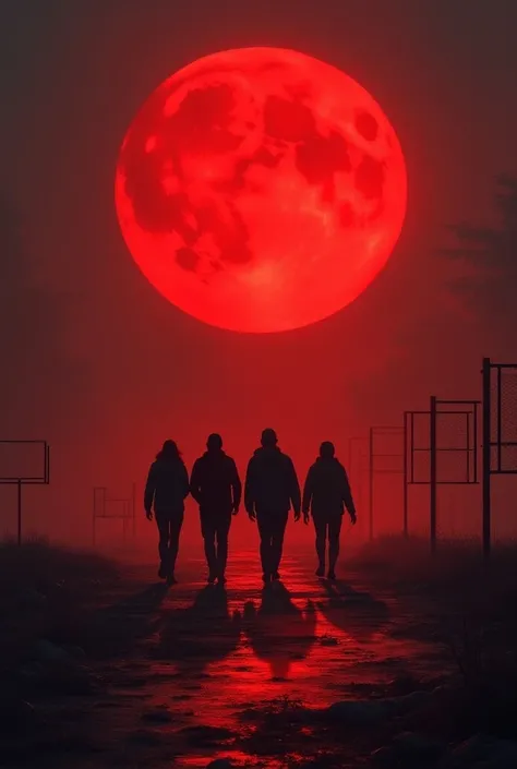 Four people walk to the playground ， red full moon in the air ， hangs the ground with a scarlet 。 scattering old sports equipment。