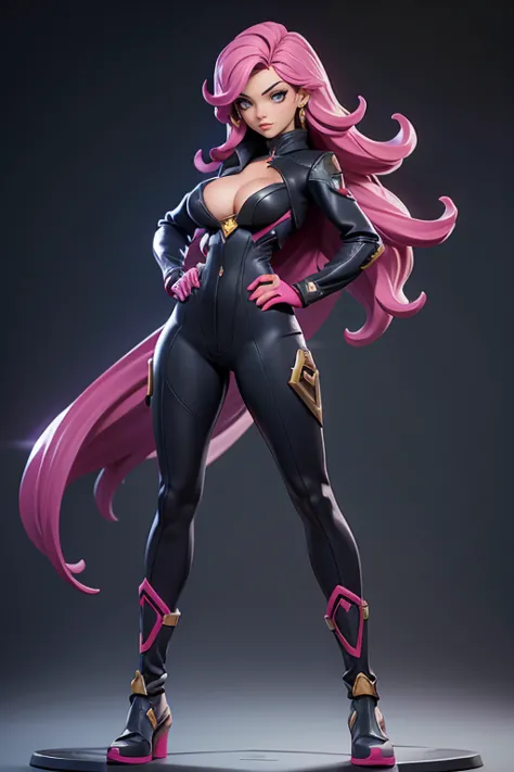 Q version of League of Legends Vi figure, superheroine in bodysuit, cleavage, standing with one hand on hip and legs spread, full body shot,