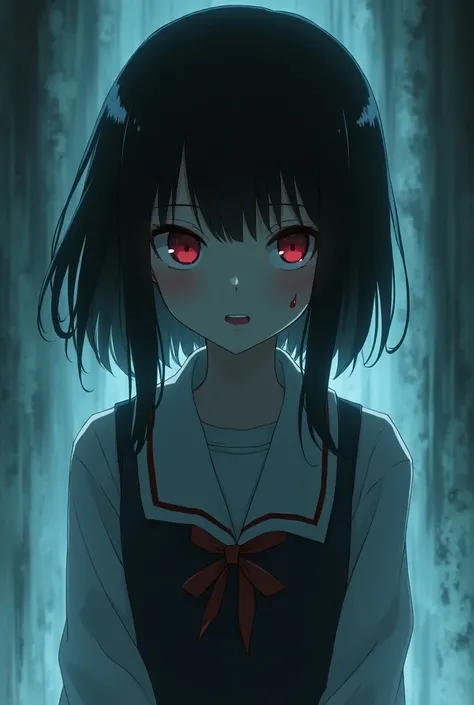 draw a female anime character with black hime hair and a mole under her right eye, wearing a schoolgirl outfit and has a ghostly expression and a creepy laugh 
  strong cold mold like tomie 
