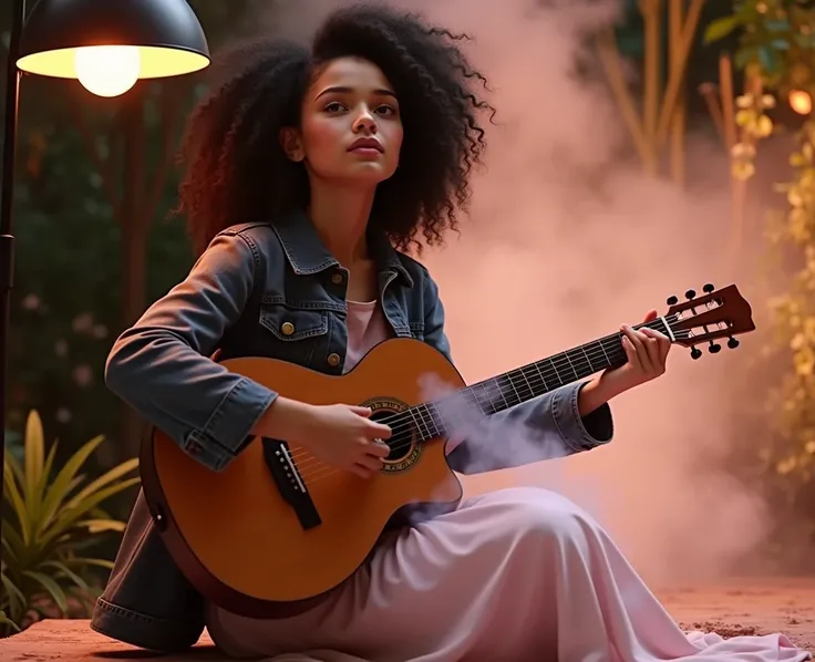 Une fille 18 ans métisse peau claire couleur café cheveux bouclés un gros chignon cheveux qui retombe en robe rose pâle avec veste en jeans chante assise elle tient le micro dans sa main. A green background behind her with foliage and heavy smoke. Elle reg...