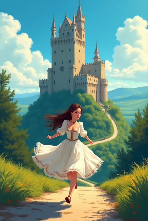 Draw in anime style a girl in a 15th century dress running to a tower 