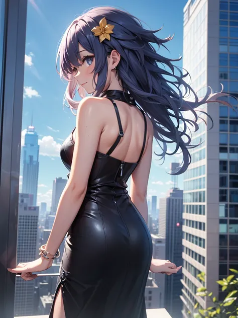  high resolution,  masterpiece ,  The best quality, necessary, HD model,  tall details ,  lyrics,  improvement,  Textured leather, UHD, distant view,  she is from a skyscraper watching the whole city, happy look,  long black summer dress, From behind, 