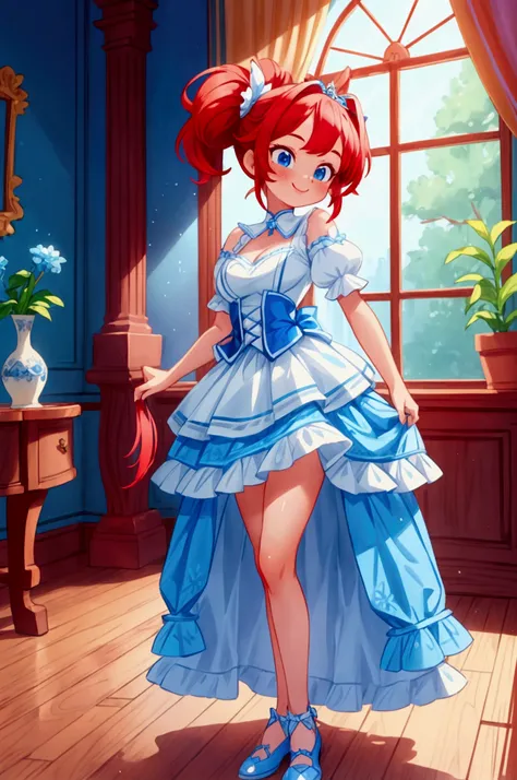 (masterpiece, best quality), 1girl, blue and white frill short neckline, red hair, two ponytails, cute face, blue eyes, standing, indoor, intricate detail, sunlight, cute dog diadema, sexy pose, blue and white shoes, smile, coquette, gorgeous legs, mature ...