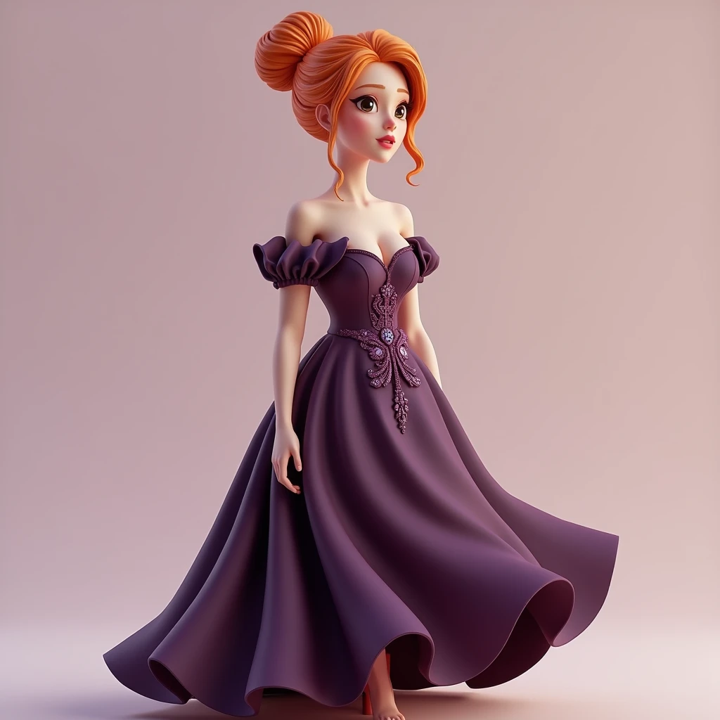 elegant 3d girl with orange hair bun and a turtle purple dress