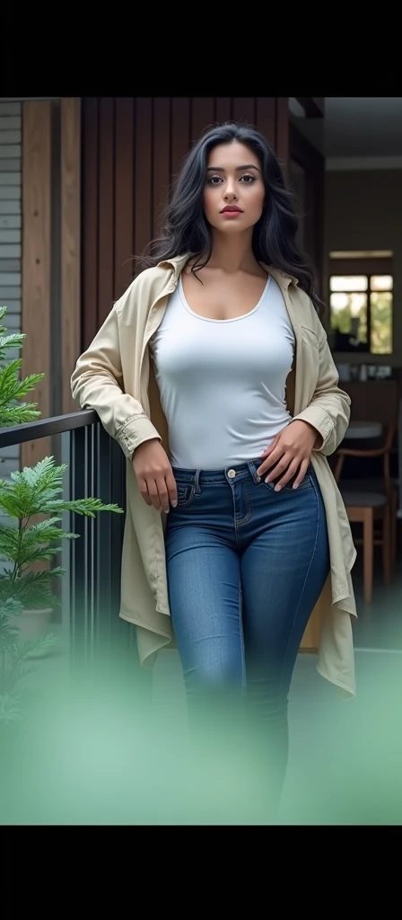 A photorealistic portrait of a 23-year-old Indian lady showcases elegance as she posing in a chennai home balcony . She flaunts her black 2A hair, captivating grey eyes, and big xl boobs, dressed in a shirt with inner t shirt and jean pant. The image shoul...