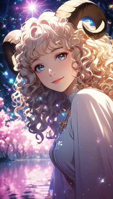 Divine Woman with sheep horns, aries, light smile, curly hair, cinematic lighting, depth of field, chiaroscuro(1.1), chromatic aberration, sparkle, bloom, reflection light(1,2), Fujicolor(1.1), Surrealism(1.5), anime style, fantasy, magic, abstract backgro...