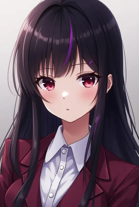 anime art: create a ID photo of a teenager girl close-up with her hair colored black with purple stripes and long hair. she is undeniably gorgeous. shes wearing a maroon blazer and white blouse uniform, her eyes are dark red.
