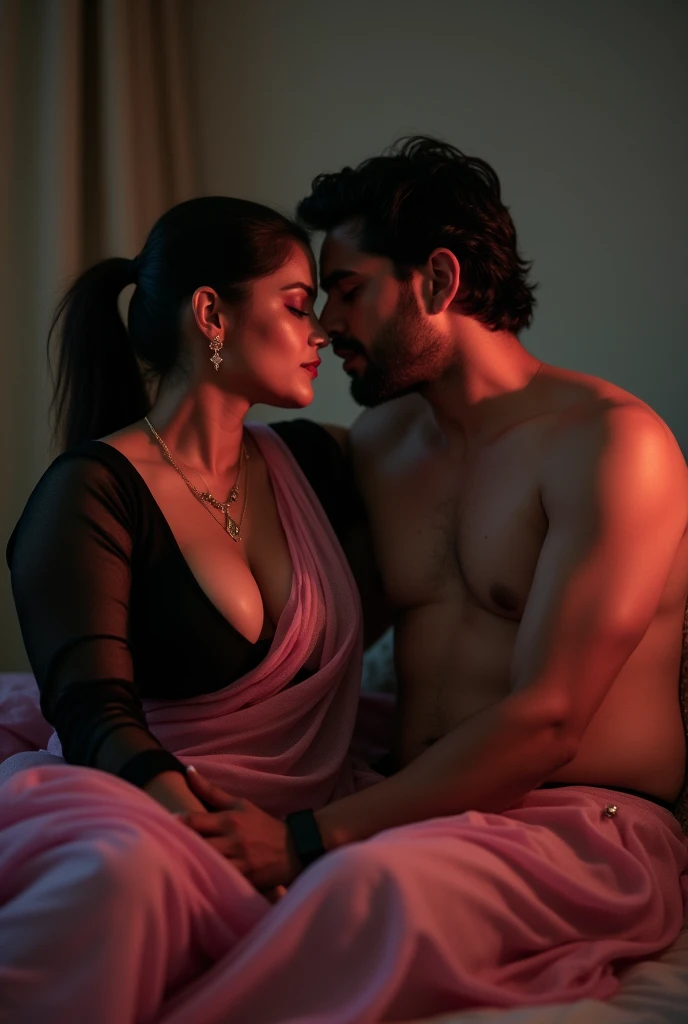 photo of Voluptuous Mature Indian Aunty with dusky skin, wearing Transparent Pink saree and Black Blouse, showing her large U cut Cleavage, Sindoor on her forehead, Hair Tied behind, Sitting on bed with a shirtless young guy, sensual, erotic, , Dim light i...