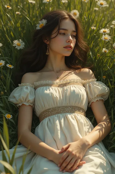 Fifteen years old girl laying on grass wearing an abohemian chic dress