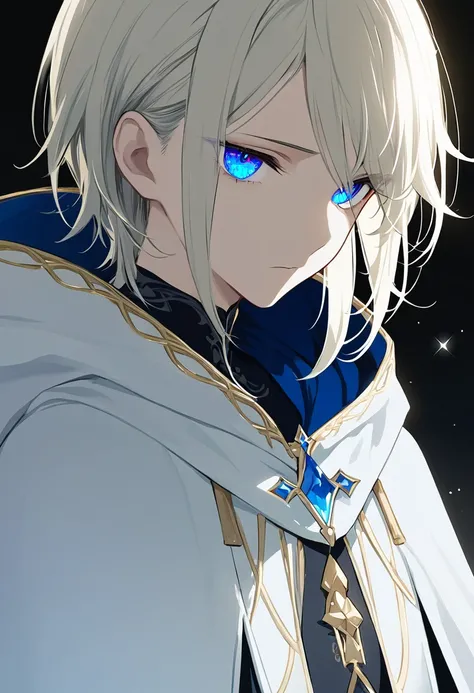 1 person, masterpiece, Best Quality, Beauty, Expressionless, I dont know the gender,  sad,  platinum blonde ,  asymmetrical hairstyle , Vertical pupils, Light blue eyes, Jewel Eyes ,  hooded cloak ,  black background