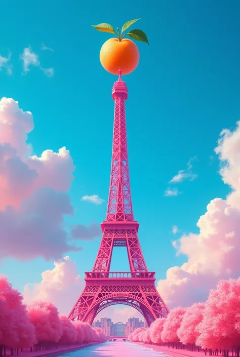 Eiffel Tower in pink and a tangerine on top of Iambel cel Blau