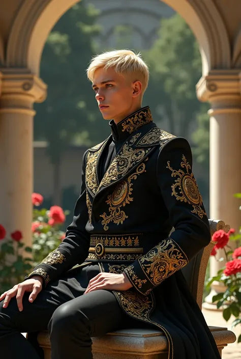  is a young man with short blonde hair wearing a luxurious black royal costume decorated with gold in a fantasy pattern. (Fantasy costume) (An unconventional costume )Sharp expressions, strong face, sitting on a stone chair inside a palace garden, showing ...