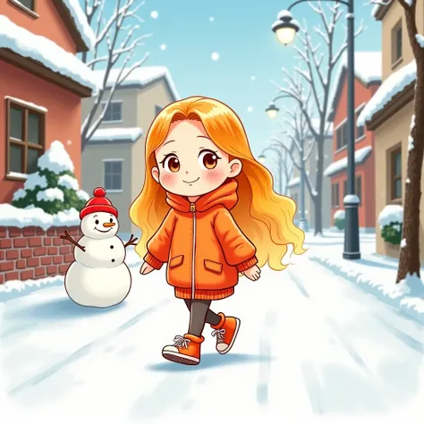 Manga cartoon   A Girl  skin white smile , long  hair colour orange - yellow gradient , wear outfits  Winter wear  and  sneaker colour  orange and  yellow  walking in  City with  snow - snowman  backdrop  wall  , manga water colour  cartoon style  .